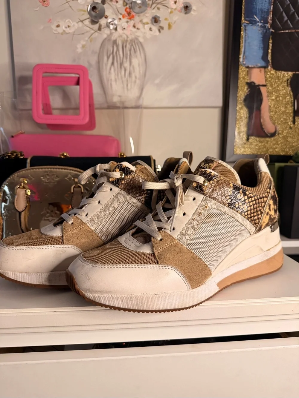 Michael Kors Beige and Snake-Print Platform Sneakers